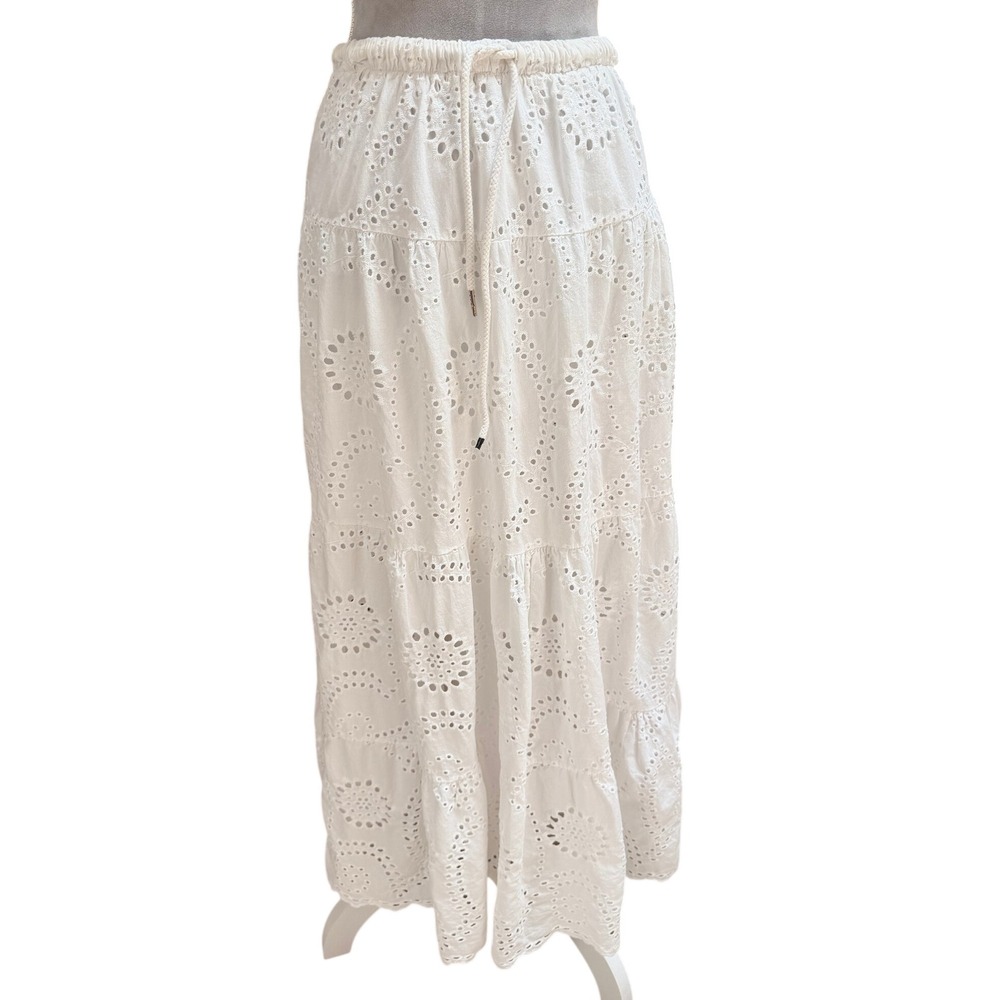 Ineo Couture White Eyelet Cotton Maxi Skirt y Tiered Elastic Waist Boho Feminine